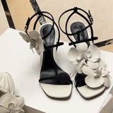 Bonnyshow  Women's Summer New Fashion Floral Designer Sexy Open Toe Stilettos PU Leather Elegant Slip On Party Dress Ladies Sandals