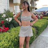 Bonnyshow Sexy Women 2 Piece Set Outfit Knitted Bow Spaghetti Strap Sleeveless Crop Top And Bodycon Mini Skirt Set Streetwear