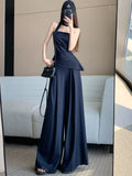 Bonnyshow  Advanced retro Tencel denim suit women's summer fashion sequin strapless top high waist wide leg pants skirt two-piece set