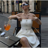 Bonnyshow  Sexy Off Shoulder Women 's Mini Dress Solid Backless Sleeveless Unique Button Dressess Lady 2025 Summer New Lady Beach Vestidos
