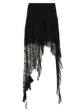 Bonnyshow Black Solid Goth Lace Midi Skirts Womens Asymmetrical Hem Chic Fashion Vacation Boho Outfits