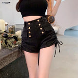 Bonnyshow Summer New High Waist Denim Shorts Women's Korean Slim Double-breasted Drawstring Short Jeans Feminino