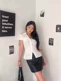 Bonnyshow  Femme Pink Slim Blouse Shirts Summer Women's Fashion Casual Polo Neck Short Sleeve Top Single-breasted Shirt Y2k Coquette