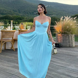 Bonnyshow Elegant V Neck Sleeveless Maxi Dress Sexy Solid Backless Pleated Patchwork Bustier Corset Evening Wedding Guest Long Dresses