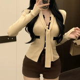 Bonnyshow Korean Single-breasted Tie Casual Long-sleeved Cardigan Women 2025 Spring New High Street Contrast Color Patchwork Knitted Tops