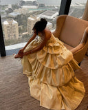 Bonnyshow Pretty Light Yellow Layered Long Prom Dresses Strapless Lace Up Black A-line Modest Formal Party Gowns
