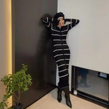 Bonnyshow Brown Striped Knitted Dress Women Elegant Long Sleeve Slim Maxi Sweater Dresses Autumn Winter Causal Basic Warm Party Dress 2024