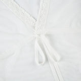 Bonnyshow  V-neck Lace Patchwork Transparent Tees White Summer Mesh Sexy Bandage Chic T-shirt Hottie Slim Solid Retro Tops
