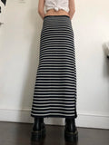 Bonnyshow Y2K Black White Stripe Long Skirts Women Split Elastic Waist Basic Elegant Knitted Skirt