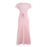 Bonnyshow  Pink Dot Print Elegant Long Dresses Women Lace Trim V Neck Short Sleeve A-line Summer Dress Party Maxi Robe