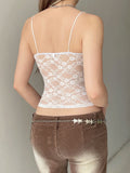 Bonnyshow  Lace Sheer Spliced Women Camisole Tops Summer Sweet Chic Fashion Sexy Slim Fit New Trendy Solid Blouses