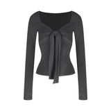 Bonnyshow Square Collar Pleated Lace-up Slim Long-sleeved T-shirt Women 2025 Spring New Korean High Street Fashion All Match Tops