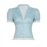 Bonnyshow  Elegant Chic Striped Slim Women Shirts Summer Sweet Trim V-Neck Design Fashion Trendy Blouses