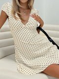 Bonnyshow  Short Sleeve V Neck Polka Dot Back Bow Tie Waist Mini Dress For Women Summer French Style Slim Casual Elegant Short Dress