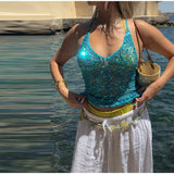 Bonnyshow  Women Sequin Halter Top Sexy Sleeveless Deep V Neck Glitter Tank Top Sparkle Backless Crop Top Summer Streetwear 2025
