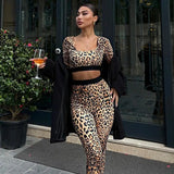 Bonnyshow Leopard New Long Sleeves T-shirt Trousers Women 2 Piece Streetwear Fashion Bodycon Female Elegant Backless Knitted Clothing