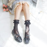 Bonnyshow Women's Summer Spring Cotton Socks Thin White Lolita Lace Stocking Black Jk Bow Sweet Mid-leg Calf Socks Sweet Style Girls Gift