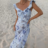 Bonnyshow  Women Sexy Skinny Flower Print Midi Dress Chic Backless Ruffled V Neck Sling Vestidos 2025 Summer Lady Vacation Elegant Sundress
