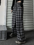 Bonnyshow Oversize Women Sweatpants Summer Fashion Black Plaid Casual Pants Elastic Waist Casual Pockets Student Trousers