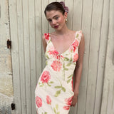 Bonnyshow  French Flower Printing Dresses Elegant Women Ruffles Trim Sleeveless V Neck Backless Long Dress Summer Vacation Outfits