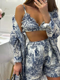 Bonnyshow Fashion Loose Print 3 Piece Sets Women Outfit  Elegant Long Sleeve Shirt + Bra With High Waist Shorts Set Streetwear