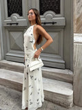 Bonnyshow  Floral Print Backless Lace-up Halter Dress Women Elegant Off Shoulder Sleeveless Pleated Long Dresses Summer New Party Club Robe