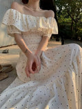 Bonnyshow  Summer Vacation Style Wave Point Set, One Shoulder Lotus Leaf Edge Shirt, Waist Cinched, Fluffy Skirt For Women