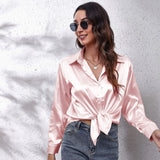 Bonnyshow  Women Spring Autumn Style Satin Blouses Shirts Lady Casual Long Sleeve Turn-down Collar Solid Color Blusas Tops