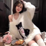 Bonnyshow Autumn Winter New Waterproof Mink Pullovers Cute Cat Print Sexy Off Shoulder Sweaters Long Sleeve Knitted Tops Women