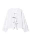 Bonnyshow  Chic Hollow Out Pleated Blouses Women Loose Fit Long Flare Sleeve Chiffon Shirts 2025 V-neck Lace Up Street Fashion Comfort Tops