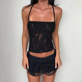 Bonnyshow  Lace Sheer A-Line Ruffle Mini Skirt Set For Women Halter Tie Backless Tank Top Short Skirt Sexy Vacation Two-Piece Outfit