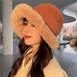 Bonnyshow Mongolian Hat Women Autumn Winter Windproof Warm Hats Thick Plush Warm Fisherman Cap Korean Ear Protection Bucket Hats