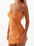 Bonnyshow  Women s Sequin Floral Embroidered Sleeveless Mini Dress with Cross Back Spaghetti Straps for Summer Beach Party