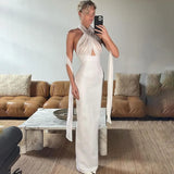 Bonnyshow Mesh Spliced Cross Halter Backless Maxi Dress White Black Evening Dresses Woman Elegant Wedding Party Outfits