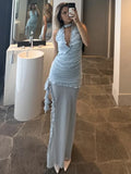 Bonnyshow Deep V Neck Slim Maxi Dresses For Women Mesh Splice See Through Folds Long Dress Femme Side Slit Sexy Evening Dress Woman