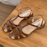 Bonnyshow  Fashion Hollow T-tied Design Brand Sandals Women Comfort Ankle Strap Buckle Chunky Heel Rome Shoes Summer Dress Zapatos De Mujer
