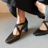 Bonnyshow  Retro Simple Cross Elastic High-heels Women Shoes Temperament Versatile Pumps Shoes Solid Color Square Head Women Shoes
