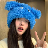 Bonnyshow Cartoon Fluffy Beanie Cap for Women Cute Puppy Ears Plush Hat Korean Solid Color Warm Faux Fur Female Girls Pullover Caps