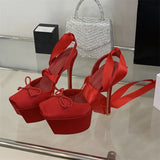 Bonnyshow  Sexy Platform Ankle Lace-up Woman Pumps Sandals Fashion Square Toe Thin High Heels Nightclub Party Strippers Shoes