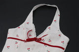 Bonnyshow  Dopamine Lovely Cherry Floral Bow Wooden Ear Dress Sexy Mini  Sleeveless Deep V Neck Women Dresses Summer Beach Party