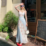 Bonnyshow  Summer Women Long Dress Sleeveless Patchwork Floral Gingham Spaghetti Strap Elegant Slim Maxi Dress Casual Vacation Beachwear