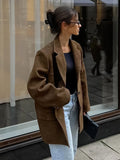 Bonnyshow  Women's Vintage Solid Suede Jacket Coat Turndown Collar Single Breasted Long Sleeve Outerwear Autumn Streetwear Fashion Jackets