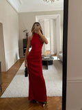 Bonnyshow  Fashion Women's Maxi Dresses Solid Halter Blackless Sheath Bodycon Sexy Folds Sleeveless Fit Long Party Vestidos Robes