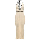 Bonnyshow  Summer Halter Knitted Long Dress Elegant Backless Sleeveless Patchwork Women Maxi Dresses Fashion Deep V Neck Beach Robes