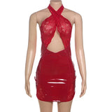 Bonnyshow Women Red Lace Patchwork PU Leather Bodycon Mini Dress Hollow Out Cross Halter Backless Slim Birthday Party Outfits Clubwear