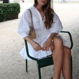 Bonnyshow  Casual Shirt Dress For Women Lapel Folds Short Dress Loose High Waist A-line Dress Buttons 2025 New Female White Dresses
