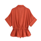 Bonnyshow  Women Adjustable Drawstring Waist Safari Shirt Short Sleeve Lapel Collar With   Pockets Loose Blouse Streetwear Lady Shirts
