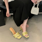 Bonnyshow  Elegant Lace Bow Decorated Brand Slipper Women Fashion Square Toe Thin Heel Slide Sandal Sweet Party Dress Shoe Zapatos De Mujer