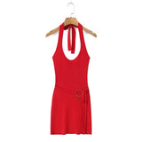 Bonnyshow  3 COLORS Sexy Knitting Tie Bow Halter Collar Dress Women Lacing Up Bow Belt Skinny Package Hips Short Knit Dresses Tank Robe
