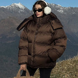 Bonnyshow Winter Warm Thicken Women's Coat Solid Color Zipper Cotton Padded Coats with Hat Fashion Simple Stand Collar Women Outerwears